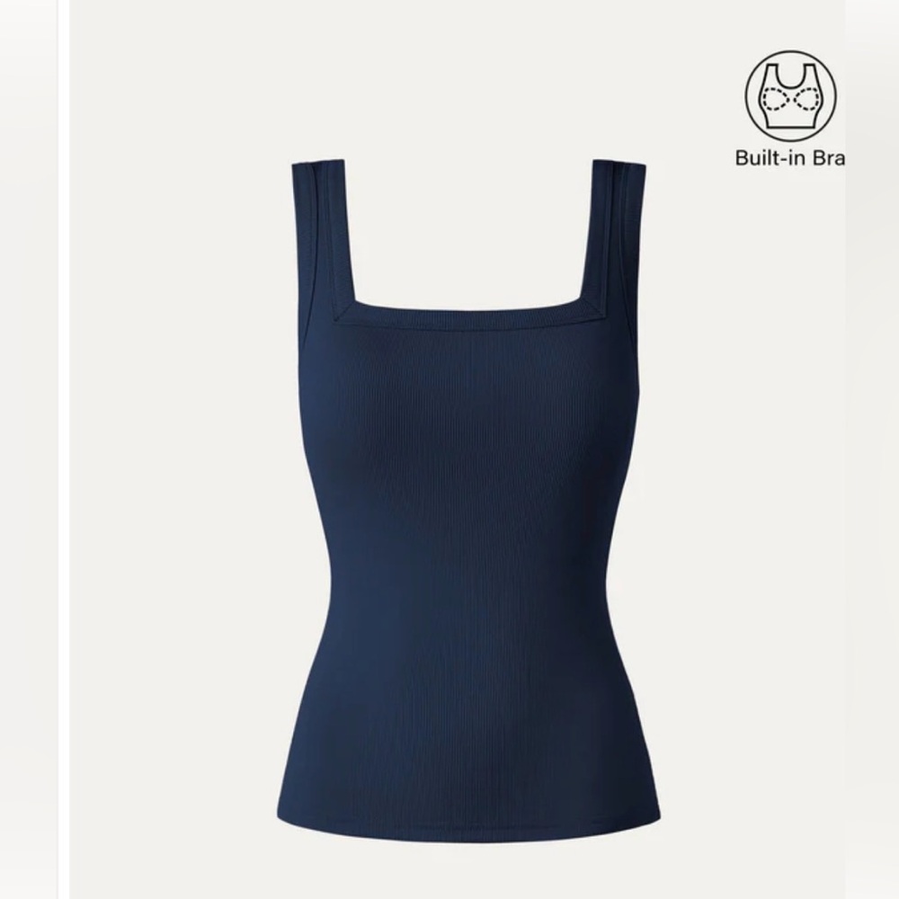 NWT OGL Navy Square-Neck Ribbed Square Neckline Tank Top Built-in Bra